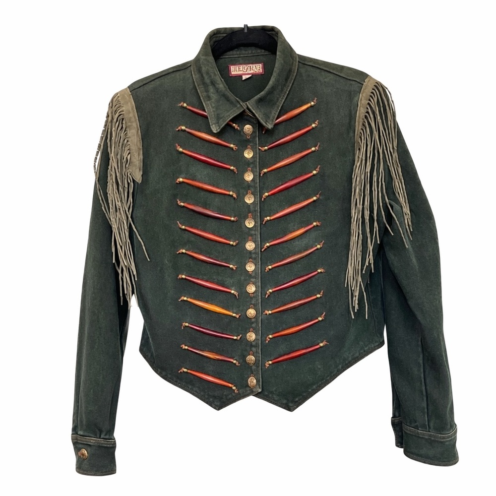 Double D Ranch Vintage Denim Fringe Jacket – Cropped Western Cowgirl M - Picture 1 of 16